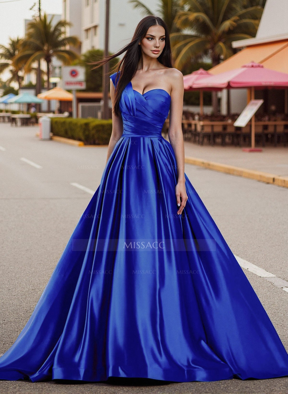 A-Line One-Shoulder Sleeveless Sweep Train Satin Prom Dresses