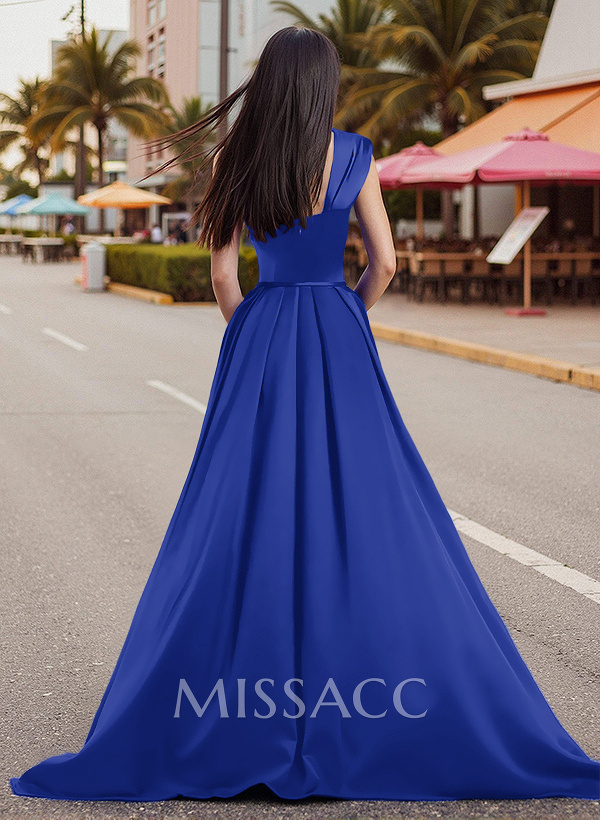 Modest A-Line Ruched Sweetheart One-Shoulder Satin Prom Dresses
