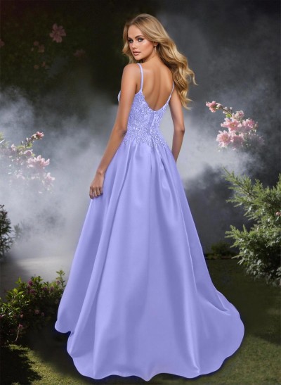 A-Line Square Neckline Sleeveless Sweep Train Satin Prom Dresses With Lace