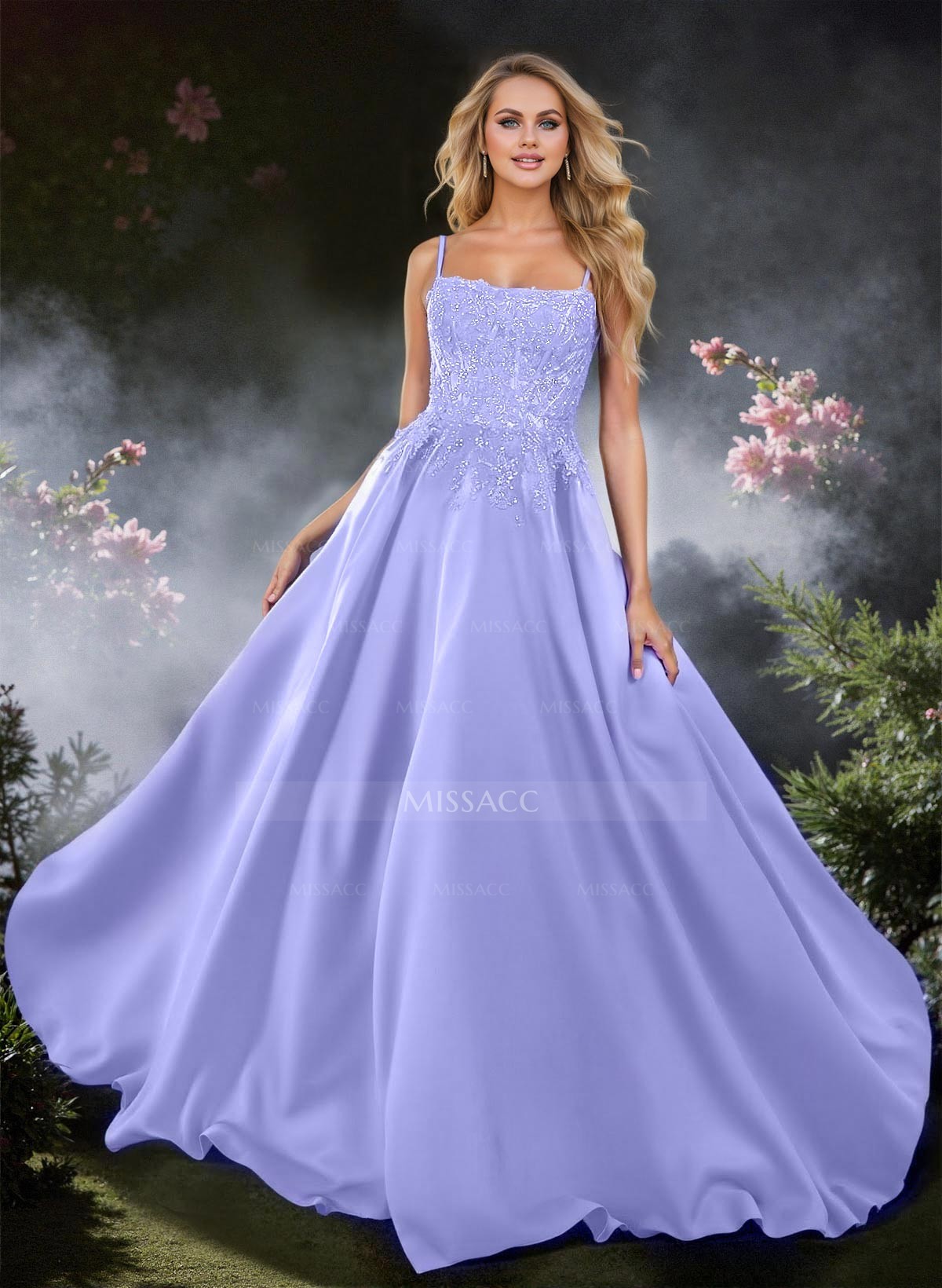 A-Line Square Neckline Sleeveless Sweep Train Satin Prom Dresses With Lace