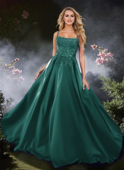 Sweet Spaghetti Straps Scoop Neck Satin Prom Dresses With Floral Lace