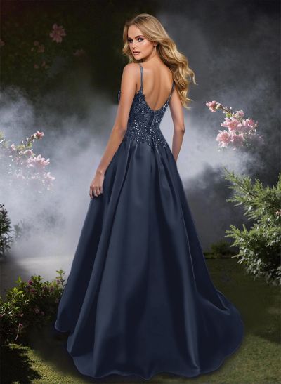 Sweet Spaghetti Straps Scoop Neck Satin Prom Dresses With Floral Lace