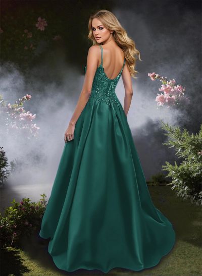 Sweet Spaghetti Straps Scoop Neck Satin Prom Dresses With Floral Lace