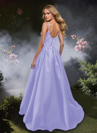 Sweet Spaghetti Straps Scoop Neck Satin Prom Dresses With Floral Lace