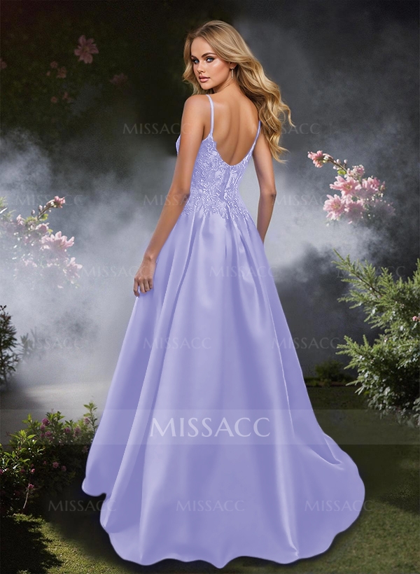 Sweet Spaghetti Straps Scoop Neck Satin Prom Dresses With Floral Lace