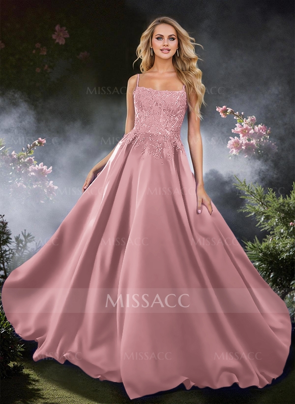 Sweet Spaghetti Straps Scoop Neck Satin Prom Dresses With Floral