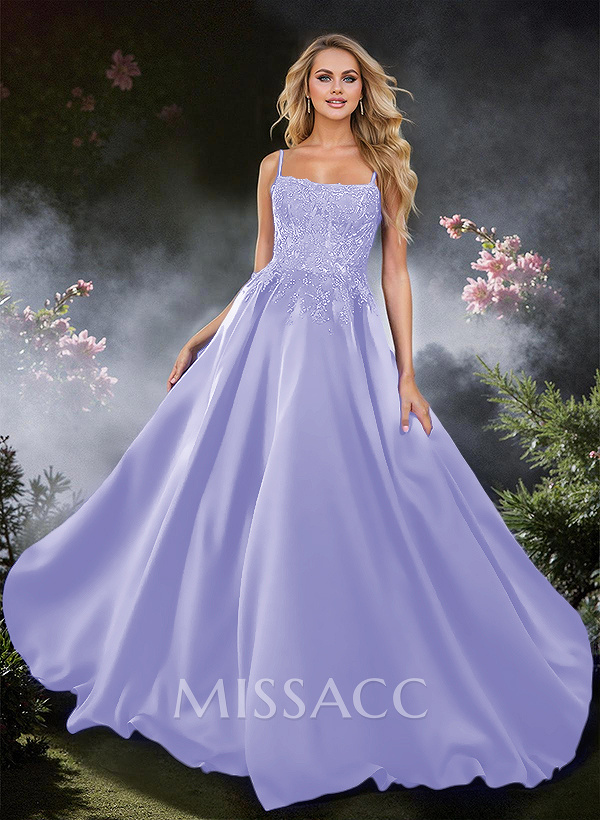 Sweet Spaghetti Straps Scoop Neck Satin Prom Dresses With Floral Lace Sweet Spaghetti Straps Scoop Neck Satin Prom Dresses With Floral Lace