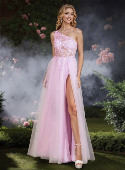 A-Line One-Shoulder Sleeveless Floor-Length Tulle Prom Dresses With Lace