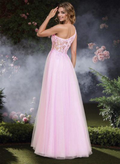 A-Line One-Shoulder Sleeveless Floor-Length Tulle Prom Dresses With Lace