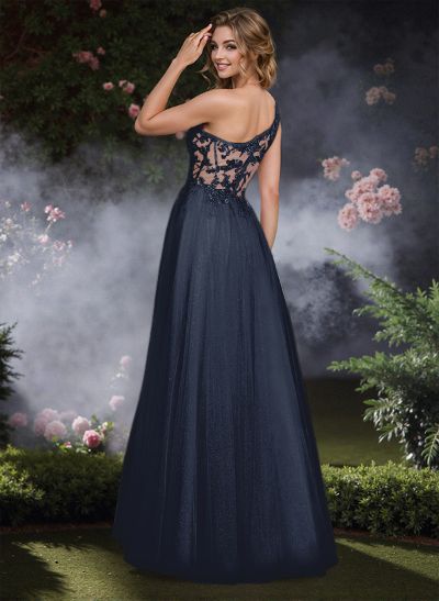 Dreamy Illusion Corset One-Shoulder Prom Dresses With Floral Lace