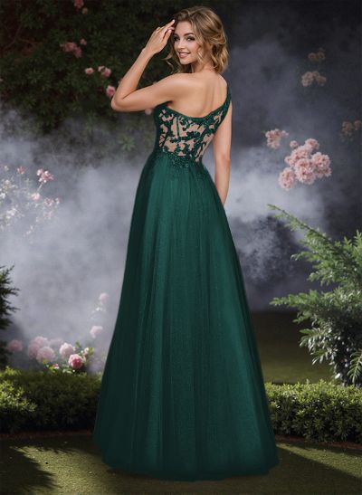 Dreamy Illusion Corset One-Shoulder Prom Dresses With Floral Lace