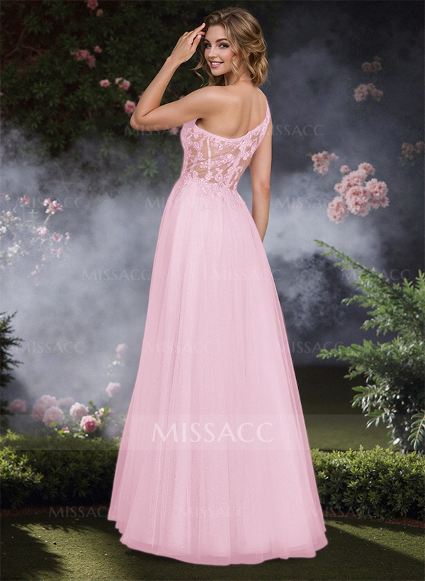 Dreamy Illusion Corset One-Shoulder Prom Dresses With Floral Lace