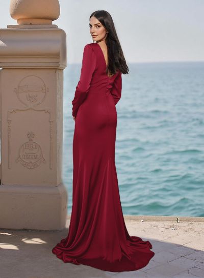 Simple Plunge Neck Long Sleeves Satin Prom Dresses With High Split