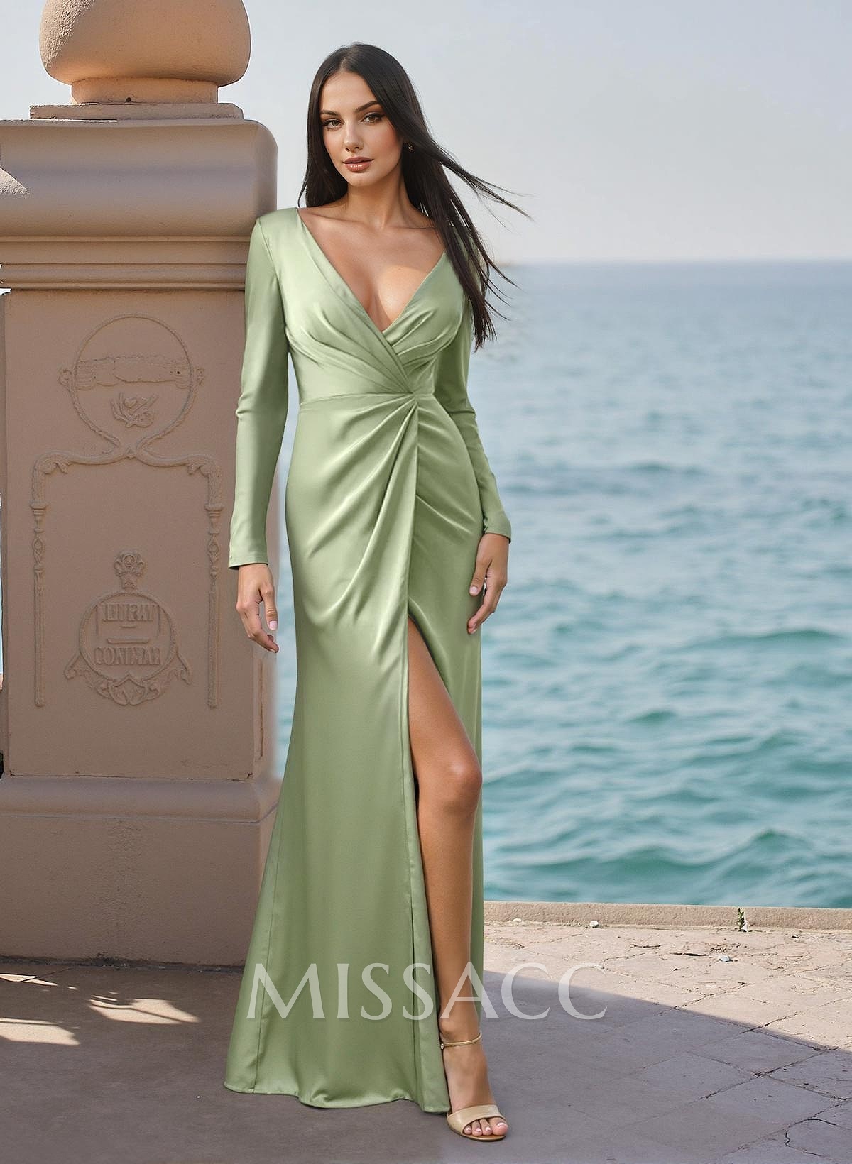 Simple Plunge Neck Long Sleeves Crepe Satin Prom Dresses With High Split