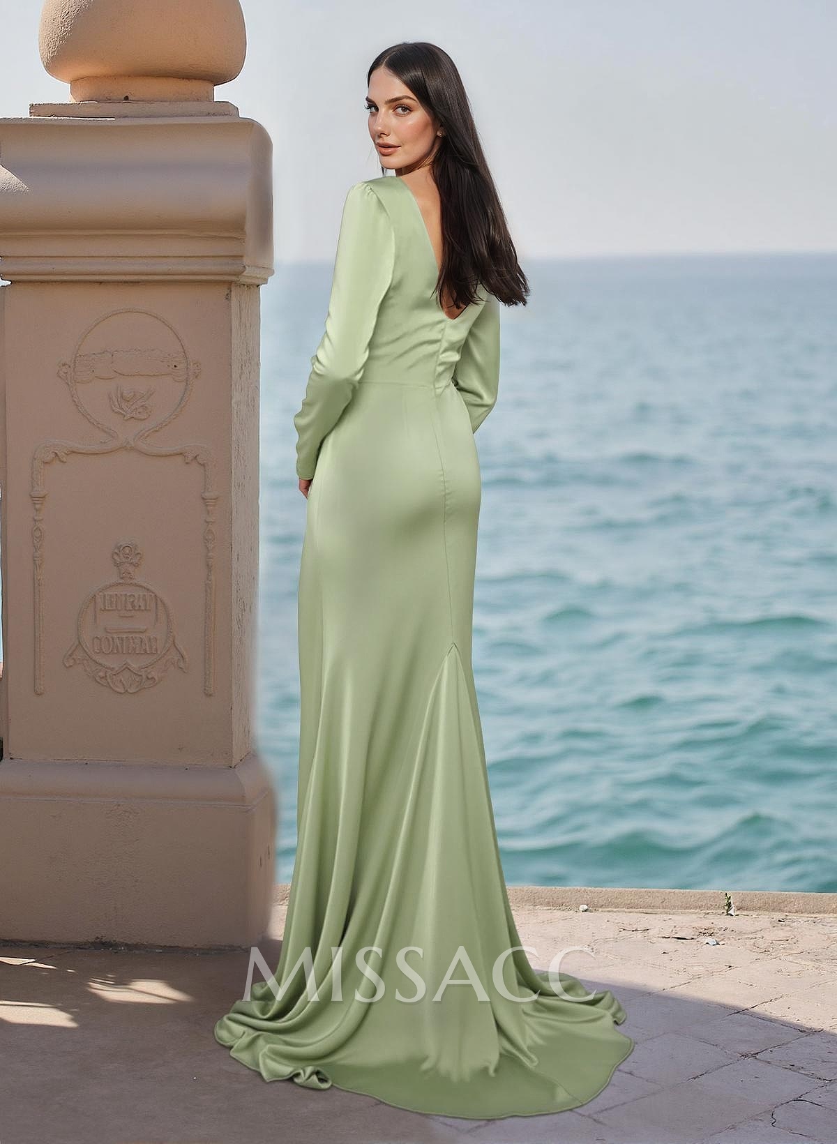 Simple Plunge Neck Long Sleeves Crepe Satin Prom Dresses With High Split