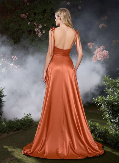 A-Line Cowl Neck Sleeveless Sweep Train Silk Like Satin Prom Dresses With High Split