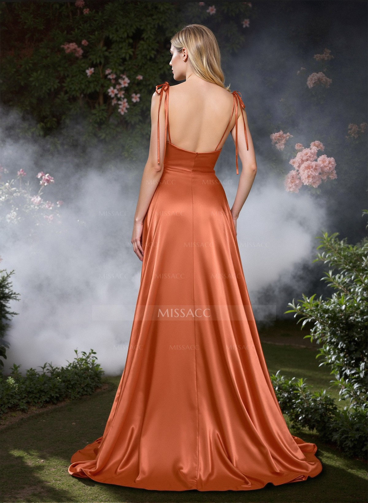 Classic Tie-Strap Draped Cowl Silk Like Satin Prom Dresses With Bare Back