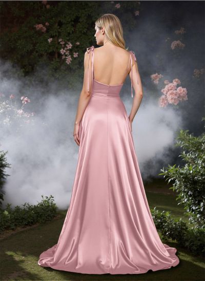 Classic Tie-Strap Draped Cowl Silk Like Satin Prom Dresses With Bare Back