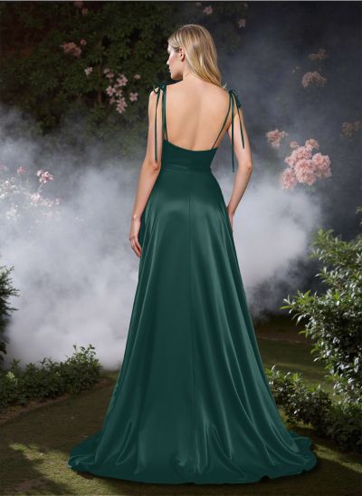 Classic Tie-Strap Draped Cowl Silk Like Satin Prom Dresses With Bare Back