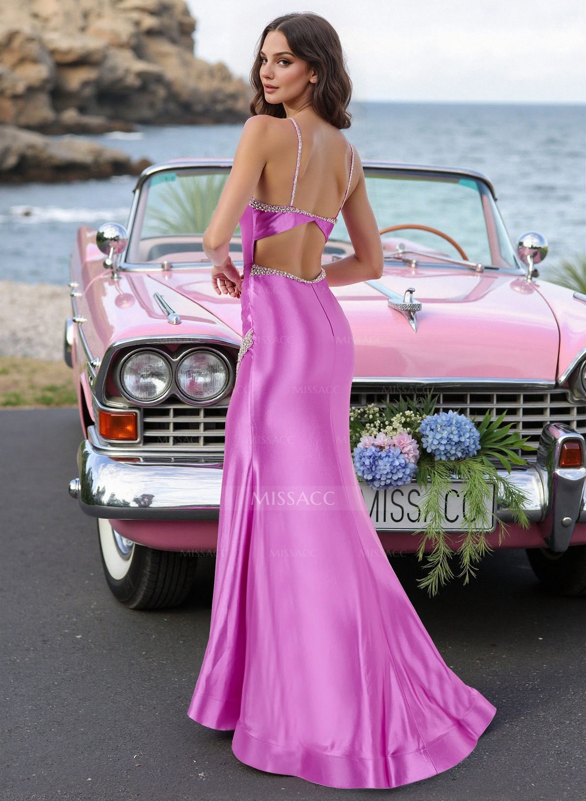 Trumpet/Mermaid Plunge Neck Sleeveless Floor-Length Prom Dresses With Back Hole