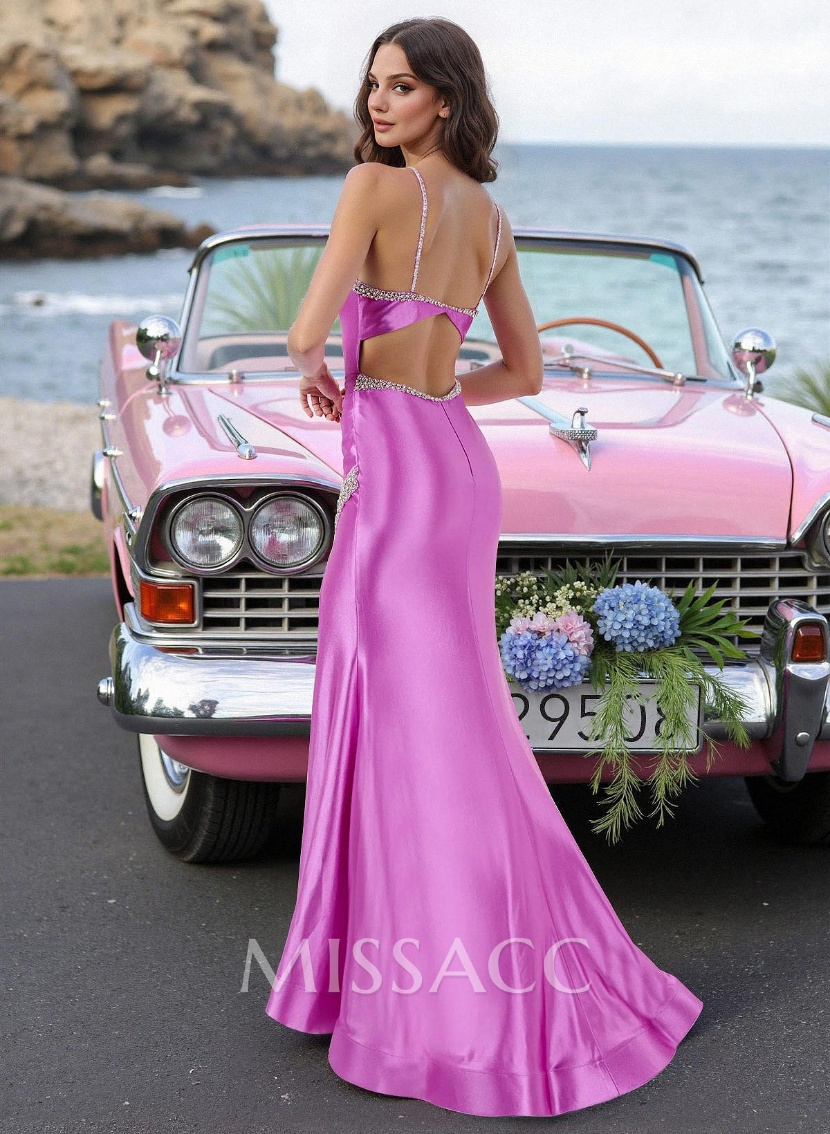 Trumpet/Mermaid Plunge Neck Sleeveless Floor-Length Stretch Satin Knit Prom Dresses With Back Hole