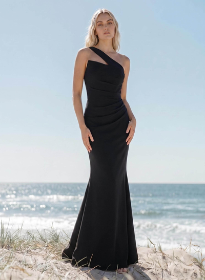 Classy Asymmetrical Neckline Mermaid Sweep Train Elastic Satin Bridesmaid Dresses