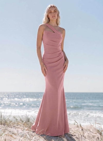 Chic Asymmetric Neckline Mermaid Stretch Satin Bridesmaid Dresses with Sweep Train