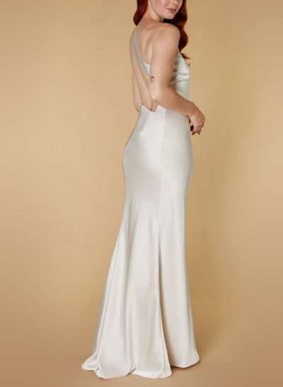 Elegant One-Shoulder Open Back Mermaid Sweep Train Matte Satin Bridesmaid Dresses