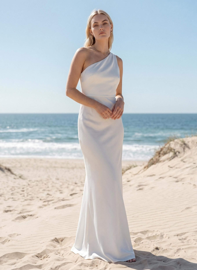 Elegant One-Shoulder Open Back Mermaid Sweep Train Matte Satin Bridesmaid Dresses