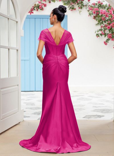 Seductive Trumpet V-Neck Sleeveless Matte Satin Bridesmaid Dresses With High Split