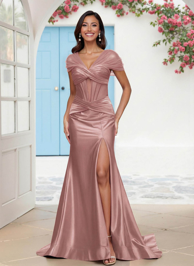 Seductive Trumpet V-Neck Sleeveless Stretch Satin Knit Bridesmaid Dresses With High Split