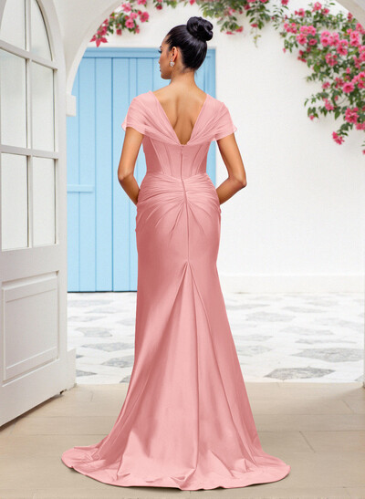 Seductive Trumpet V-Neck Sleeveless Stretch Satin Knit Bridesmaid Dresses With High Split