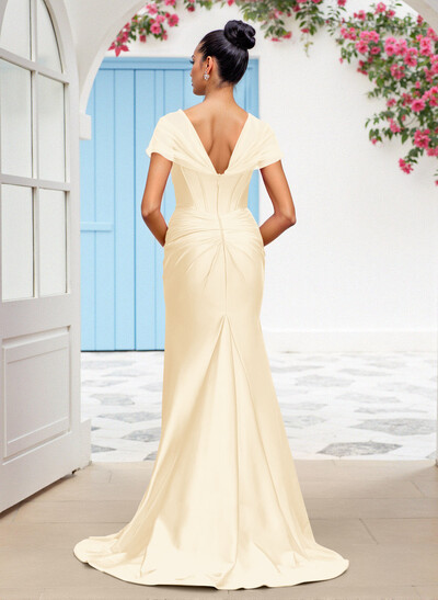 Seductive Trumpet V-Neck Sleeveless Stretch Satin Knit Bridesmaid Dresses With High Split