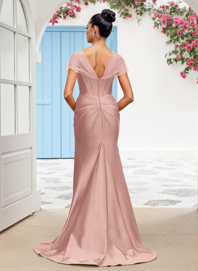 Seductive Trumpet V-Neck Sleeveless Stretch Satin Knit Bridesmaid Dresses With High Split