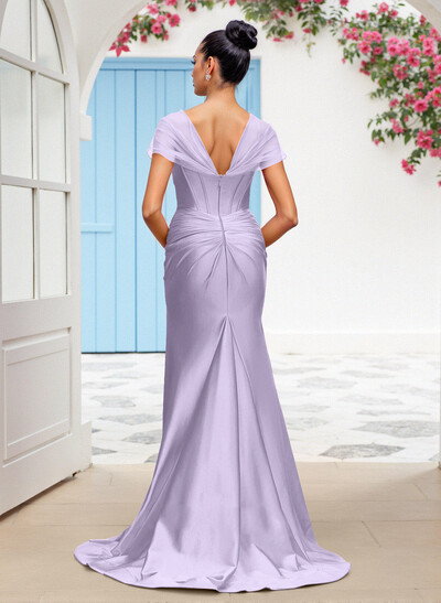 Seductive Trumpet V-Neck Sleeveless Stretch Satin Knit Bridesmaid Dresses With High Split