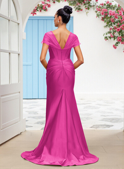 Seductive Trumpet V-Neck Sleeveless Stretch Satin Knit Bridesmaid Dresses With High Split