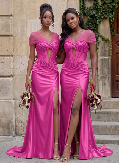 Seductive Trumpet V-Neck Sleeveless Stretch Satin Knit Bridesmaid Dresses With High Split