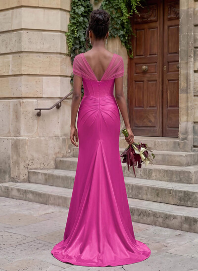 Seductive Trumpet V-Neck Sleeveless Stretch Satin Knit Bridesmaid Dresses With High Split