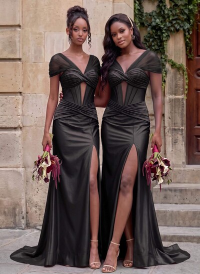Seductive Trumpet V-Neck Sleeveless Stretch Satin Knit Bridesmaid Dresses With High Split