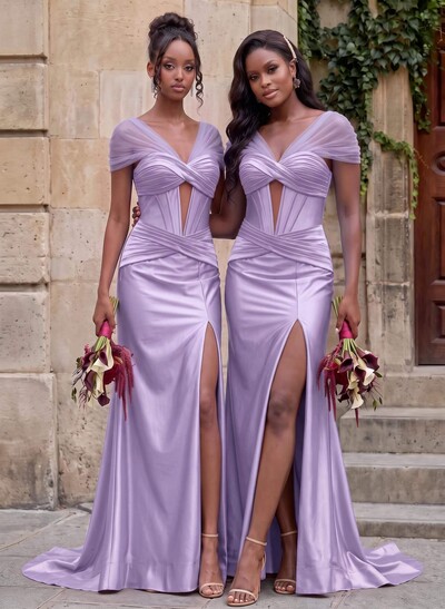 Seductive Trumpet V-Neck Sleeveless Stretch Satin Knit Bridesmaid Dresses With High Split