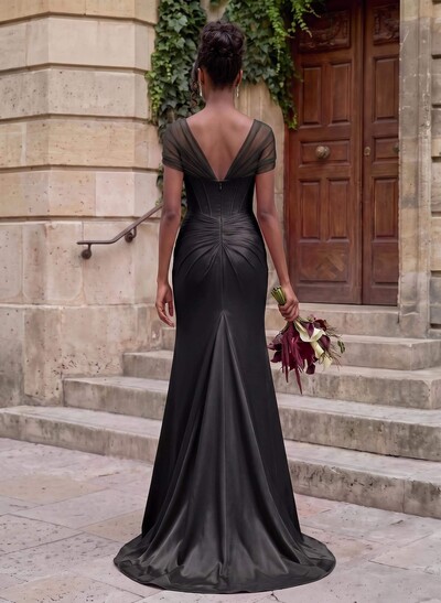 Seductive Trumpet V-Neck Sleeveless Stretch Satin Knit Bridesmaid Dresses With High Split