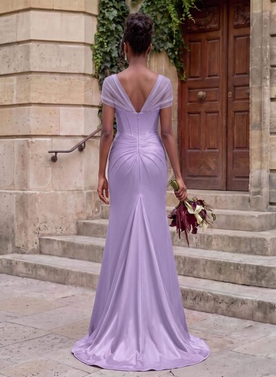 Seductive Trumpet V-Neck Sleeveless Stretch Satin Knit Bridesmaid Dresses With High Split