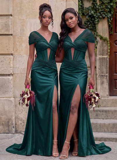 Seductive Trumpet V-Neck Sleeveless Stretch Satin Knit Bridesmaid Dresses With High Split
