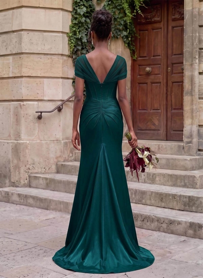 Seductive Trumpet V-Neck Sleeveless Stretch Satin Knit Bridesmaid Dresses With High Split