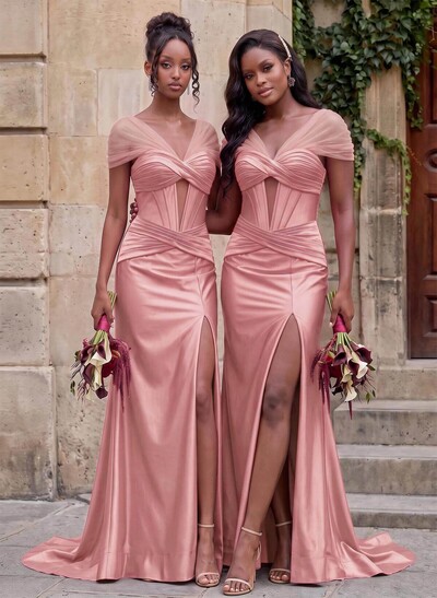 Seductive Trumpet V-Neck Sleeveless Stretch Satin Knit Bridesmaid Dresses With High Split