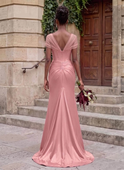 Seductive Trumpet V-Neck Sleeveless Stretch Satin Knit Bridesmaid Dresses With High Split