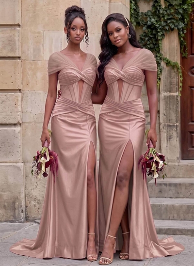 Alluring Trumpet V-Neck Sleeveless Stretch Satin Bridesmaid Dresses With High Split
