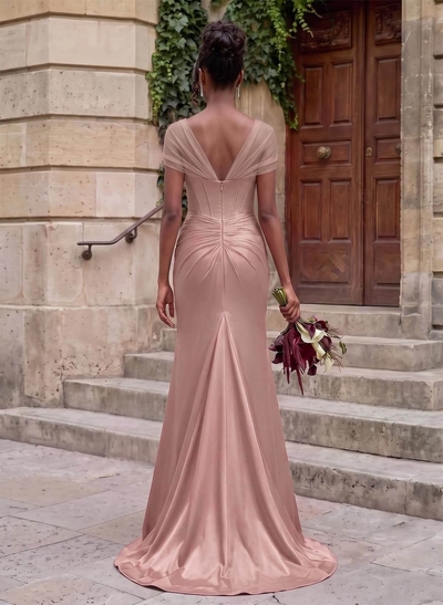 Alluring Trumpet V-Neck Sleeveless Stretch Satin Bridesmaid Dresses With High Split