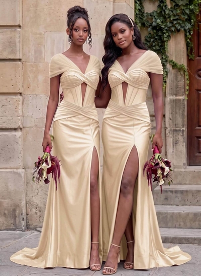 Seductive Trumpet V-Neck Sleeveless Stretch Satin Knit Bridesmaid Dresses With High Split