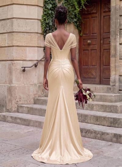 Seductive Trumpet V-Neck Sleeveless Stretch Satin Knit Bridesmaid Dresses With High Split